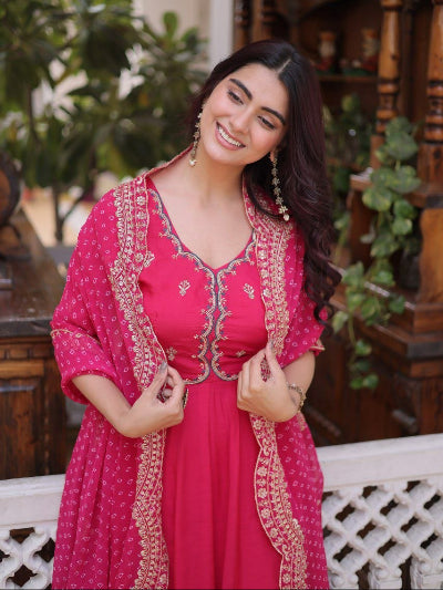Embroidered Chanderi Anarkali Suit Set in Pink &amp; Purple