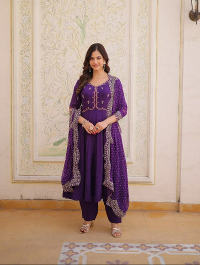 Embroidered Chanderi Anarkali Suit Set in Pink &amp; Purple