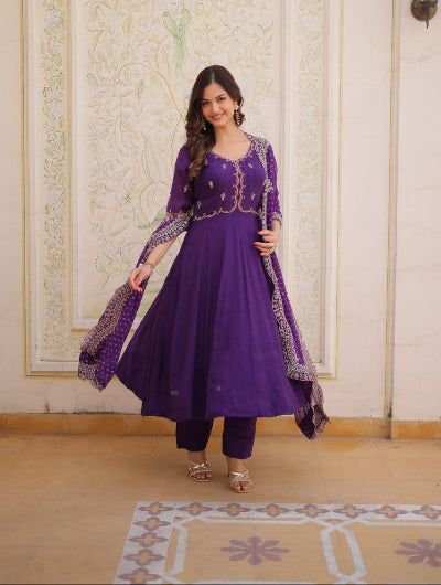 Embroidered Chanderi Anarkali Suit Set in Pink &amp; Purple