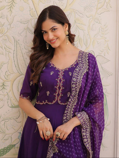 Embroidered Chanderi Anarkali Suit Set in Pink &amp; Purple
