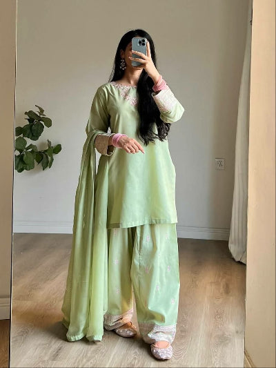 Pistachio Green Rayon Silk Farshi Salwar Suit Set