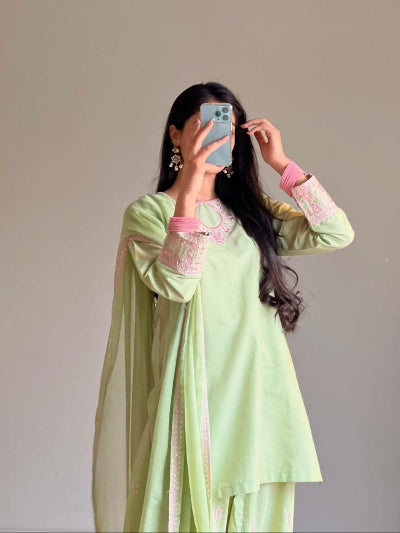 Pistachio Green Rayon Silk Farshi Salwar Suit Set