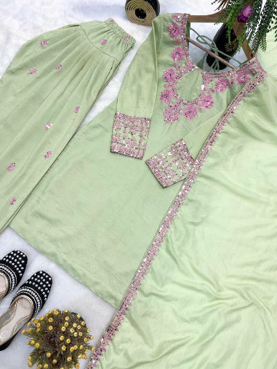 Pistachio Green Rayon Silk Farshi Salwar Suit Set