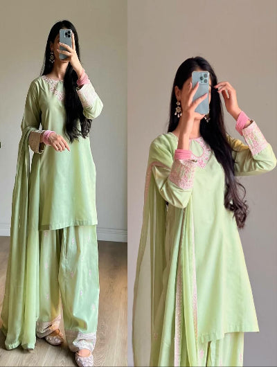 Pistachio Green Rayon Silk Farshi Salwar Suit Set
