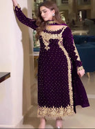 Plum Partywear Velvet Designer Salwar Suit Set - BONYHUBSALWAR KAMEEZ