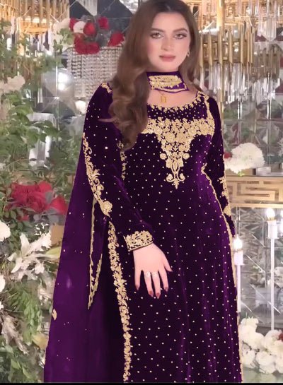 Plum Partywear Velvet Designer Salwar Suit Set - BONYHUBSALWAR KAMEEZ
