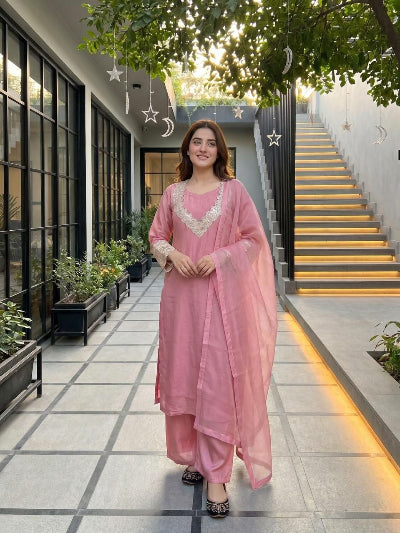 Gulabi Blush Pink Fendy Silk Straight Suit Set