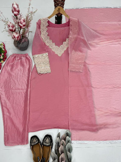 Gulabi Blush Pink Fendy Silk Straight Suit Set