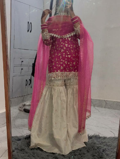 Magenta Pink Cream Embroidery Work Gharara Suit