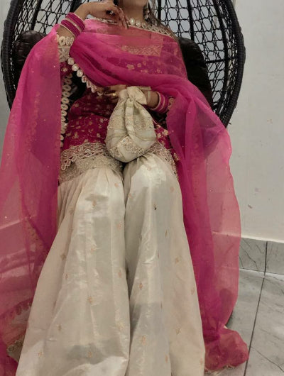 Magenta Pink Cream Embroidery Work Gharara Suit