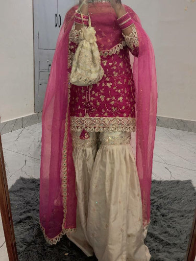 Magenta Pink Cream Embroidery Work Gharara Suit