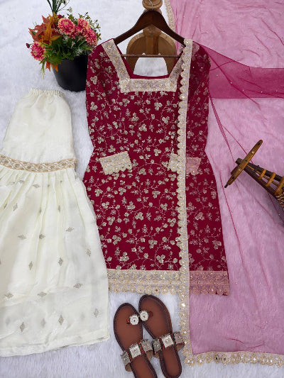 Magenta Pink Cream Embroidery Work Gharara Suit