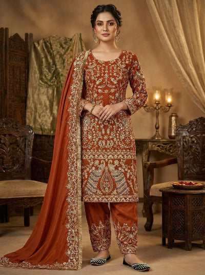 Orange Sequins Work Punjabi Suit Set