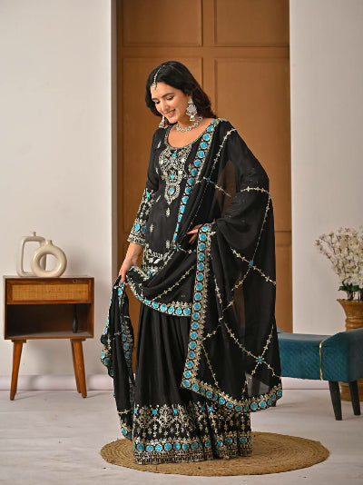 Black Chinon Silk Gold Blue Embroidered Sharara Suit