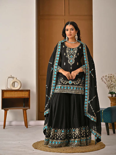 Black Chinon Silk Gold Blue Embroidered Sharara Suit