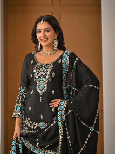 Black Chinon Silk Gold Blue Embroidered Sharara Suit