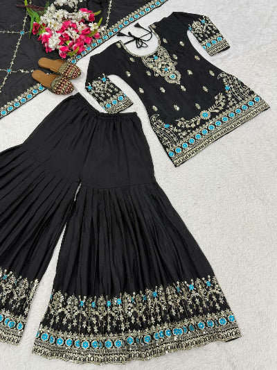 Black Chinon Silk Gold Blue Embroidered Sharara Suit