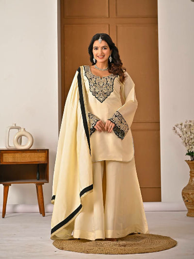 Cream Roman Silk Embroidery Sharara Suit