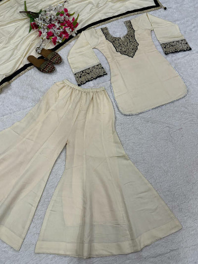 Cream Roman Silk Embroidery Sharara Suit