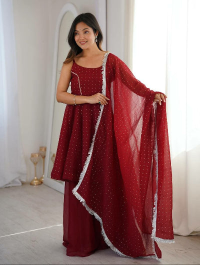 Rich Maroon Embroidered Peplum Style Sleeveless Suit Set