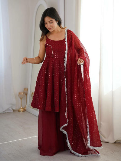 Rich Maroon Embroidered Peplum Style Sleeveless Suit Set