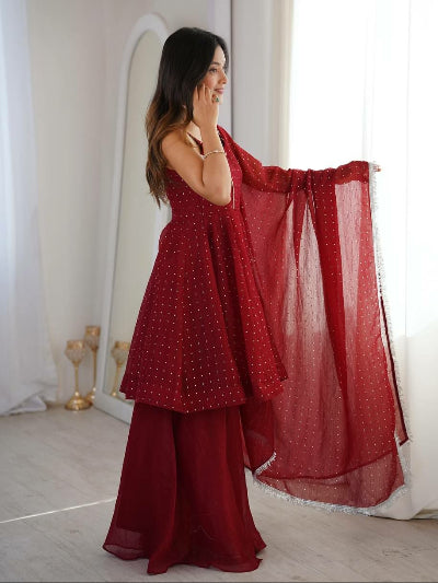 Rich Maroon Embroidered Peplum Style Sleeveless Suit Set