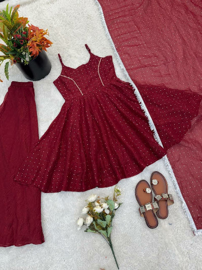 Rich Maroon Embroidered Peplum Style Sleeveless Suit Set