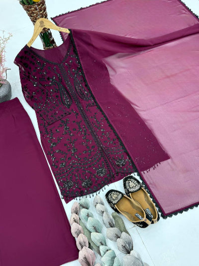 Dark Magenta Georgette Sequins Embroidered Palazzo Suit