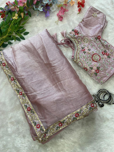 Lilac Pink Silk Ready to Wear Saree with Stitched Blouse | One Minute Sari UK