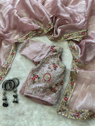 Lilac Pink Silk Ready to Wear Saree with Stitched Blouse | One Minute Sari UK