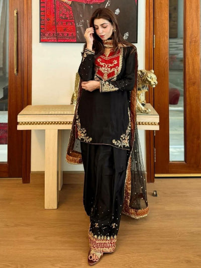 Black Sequence Embroidery Work Designer Kurti Palazzo Dupatta Set