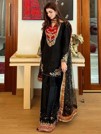 Black Sequence Embroidery Work Designer Kurti Palazzo Dupatta Set