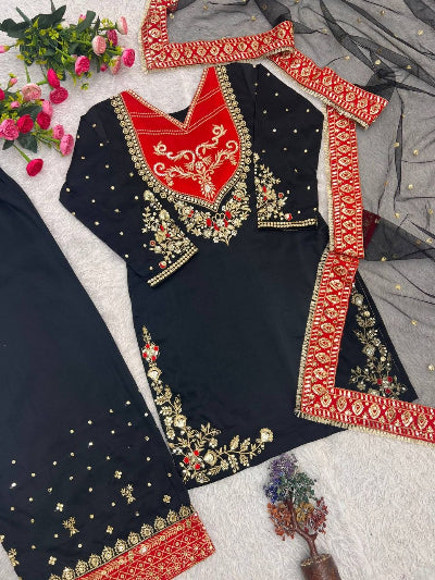 Black Sequence Embroidery Work Designer Kurti Palazzo Dupatta Set