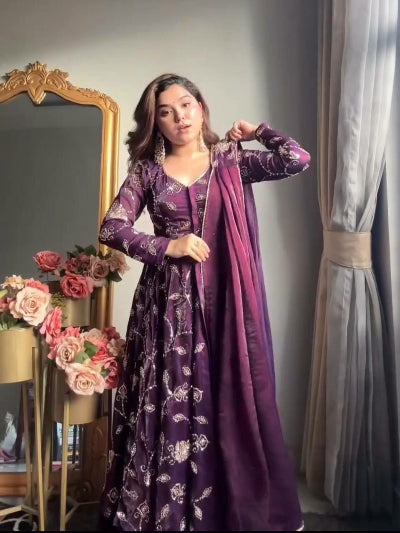 Gulnaar Royal Plum Embroidery Anarkali Suit