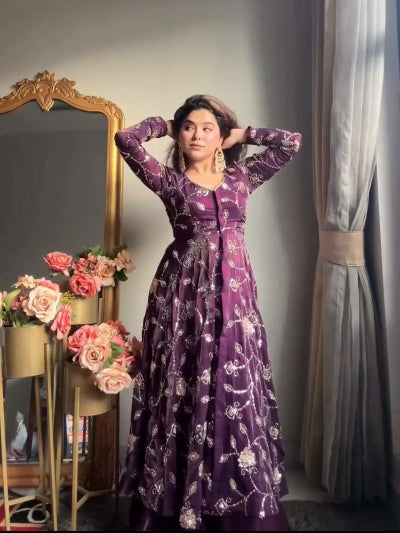 Gulnaar Royal Plum Embroidery Anarkali Suit