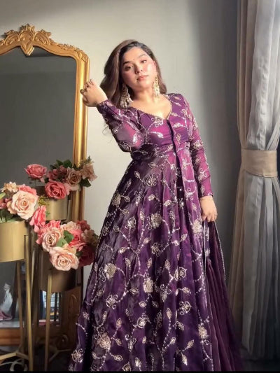 Gulnaar Royal Plum Embroidery Anarkali Suit