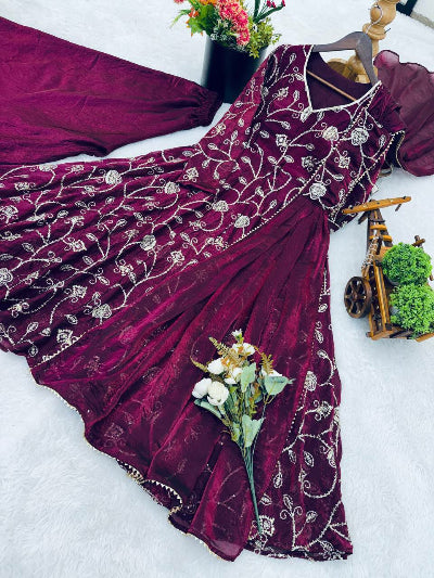 Gulnaar Royal Plum Embroidery Anarkali Suit