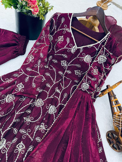 Gulnaar Royal Plum Embroidery Anarkali Suit