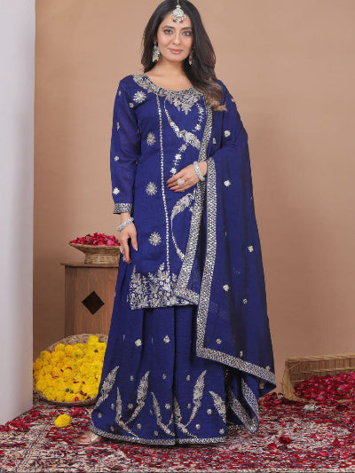 Royal Blue Vichitra Silk Embroidery Sharara Suit