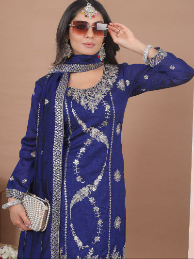 Royal Blue Vichitra Silk Embroidery Sharara Suit