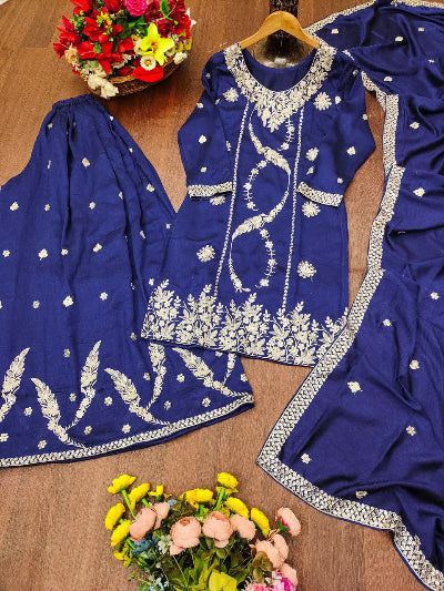 Royal Blue Vichitra Silk Embroidery Sharara Suit