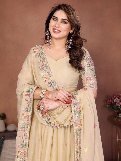Pastel Beige Embroidery Georgette Lehenga Choli Set