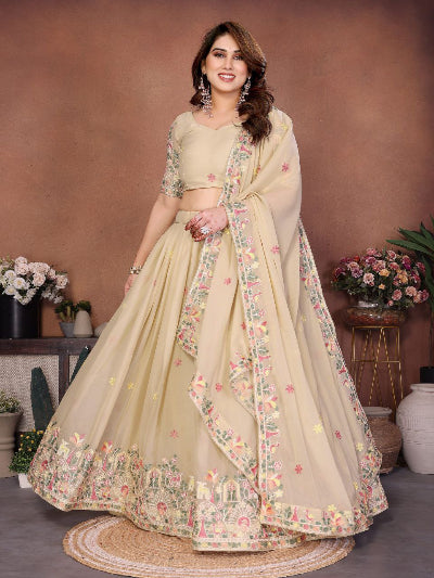 Pastel Beige Embroidery Georgette Lehenga Choli Set