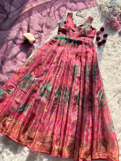 Pink Organza Silk Sleeveless Gown Dupatta Set Of 2
