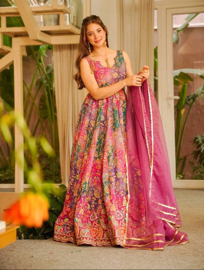 Pink Organza Silk Sleeveless Gown Dupatta Set Of 2