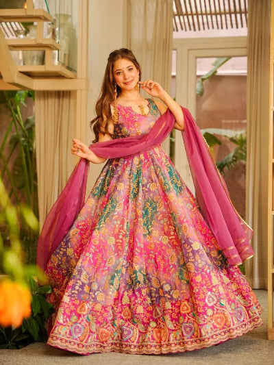 Pink Organza Silk Sleeveless Gown Dupatta Set Of 2