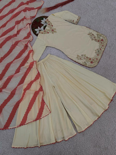 Beige Embroidery Work Palazzo Suit with Organza Dupatta
