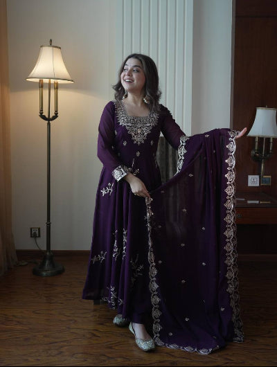 Plum Purple Georgette Embroidered Anarkali Suit Set for Women