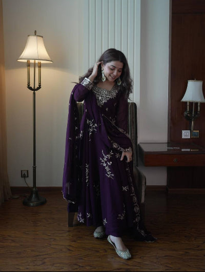 Plum Purple Georgette Embroidered Anarkali Suit Set for Women