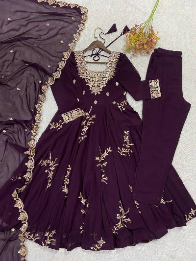 Plum Purple Georgette Embroidered Anarkali Suit Set for Women